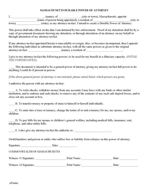 Free Massachusetts Durable Financial Power Of Attorney Form Pdf
