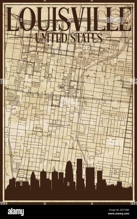 Hand Drawn Downtown Streets Network Printout Map Of Louisville United