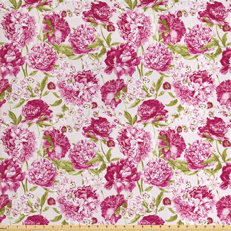 Flowers Fabric By The Yard Floral Theme Vintage Pink Peonies And