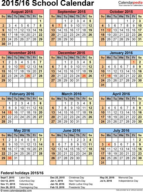 School Calendars 20152016 Free Printable Pdf Templates