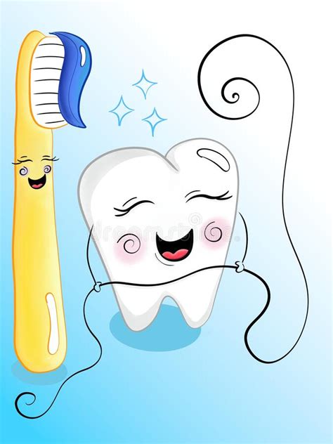 Cute And Smiling Tooth Toothbrush And Floss Dental Hygiene Stock