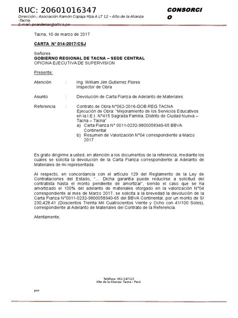 Solicito Devolucion De Carta Fianza Materiales Carta N°13docx