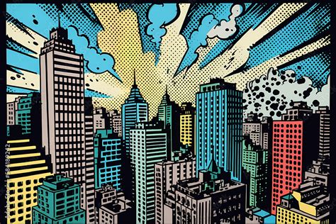Downtown City Skyline Comic Book Art Style Digital Art Illustration