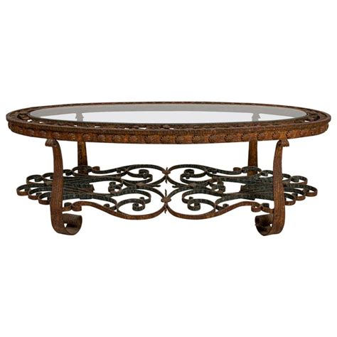 Spanish Oval Decorative Wrought Iron And Glass Coffee Table Circa