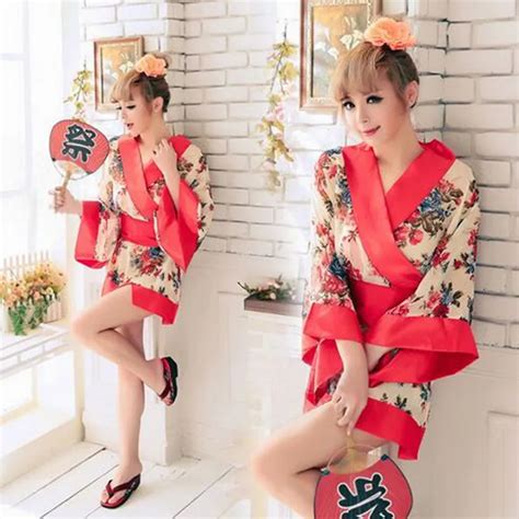 2018 New Japanese Apricot Kimono Red Purple Maid Sexy Lingerie Uniform Temptation Sleepwear