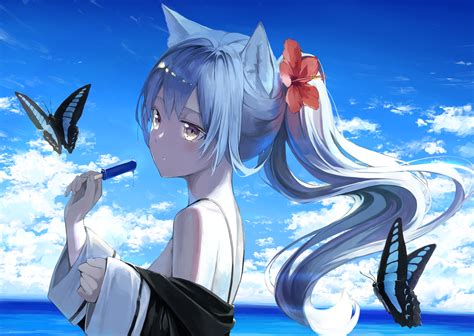 Animal Ears Blue Hair Brown Eyes Butterfly Clouds Long Hair Mikisai