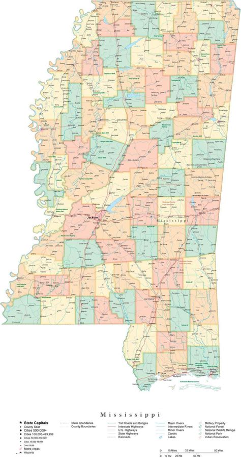 Poster Size High Detail Mississippi Map With Counties Cities Highways
