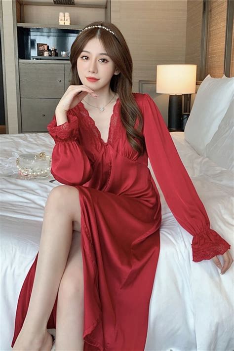 Satin Silk Women Sleepwear Spring New Long Sleeve Nightdress Sexy Lace V Neck Nightgown Elegant