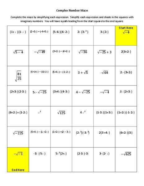 Complex Numbers Maze Worksheet