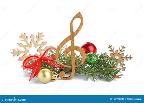 Wooden Music Note With Fir Tree Branches And Christmas Decor On White