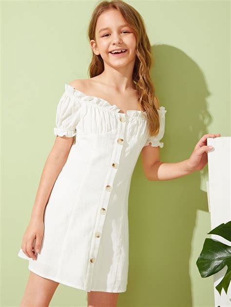 Girls Off Shoulder Frilled Button Front Pleated Dress Girls Fashion