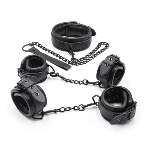 Купить Секс товары Black Genuine Leather Bdsm Bondage Set pcs Restraints Collars Ankle Cuff