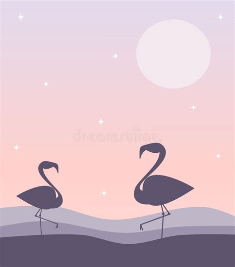 At Sunset Flamingo On Lake Scene Stock Vector Illustration Of Cartoon