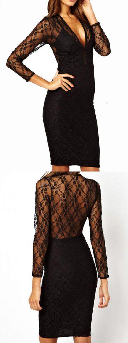Black Plunge Neck Long Sleeve Sheer Lace Bodycon Dress Bodycon Dress Sheer Lace Bodycon Dress
