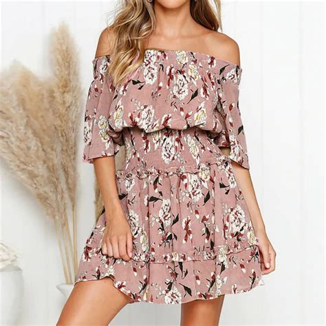 Sexy Women Off Shoulder Summer Dress Ruffles Floral Print Short Sleeve