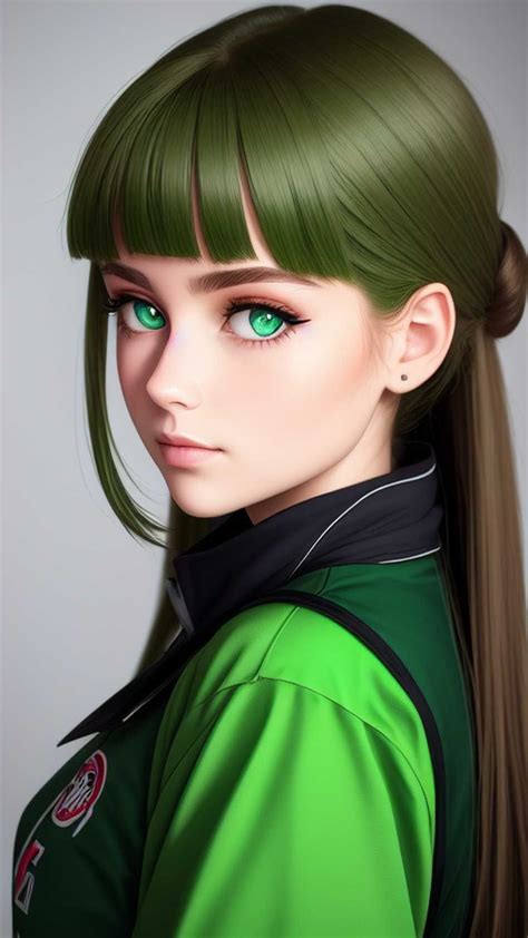 Девушка с зелёными глазами и зелёными волосами Anime Art Fantasy