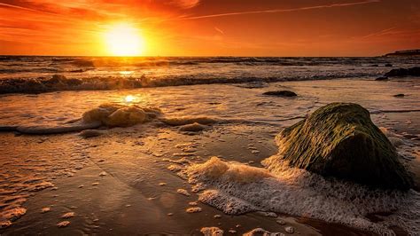 Beach Coast With Waves Foam And Rock Under Sunset Golden Sky Hd Sunset