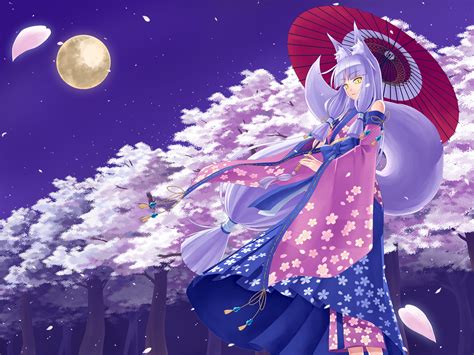 Animal Ears Cherry Blossoms Foxgirl Japanese Clothes Kimono