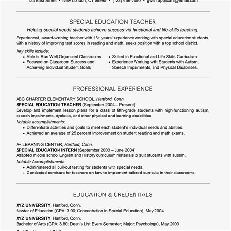 The writer focuses on reading education, goals, creative, computers, software and teaching material. Special Education Teacher Resume Example