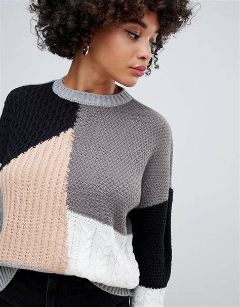 Misguided Colour Block Jumper In Multi Cable Knit Sweater Pattern