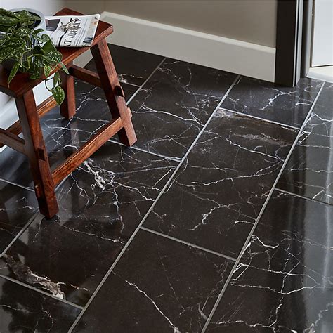 Elegance Black Gloss Marble Effect Ceramic Wall And Floor Tile Pack Of 7