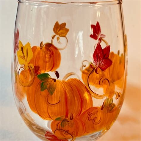 Hand Painted Large Stemless Wine Glass Colorful Fall Leaves Etsy