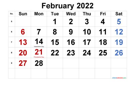 Free Printable February 2022 Calendar With Holidays Template Noar22m38