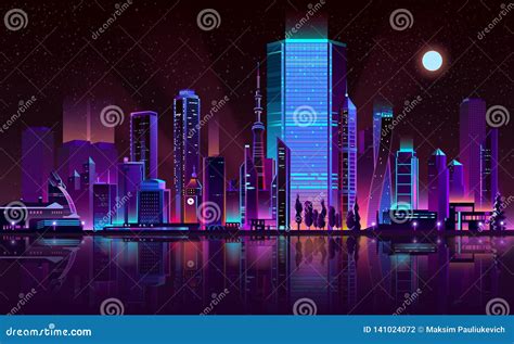 Metropolis Night Background Neon Cartoon Vector