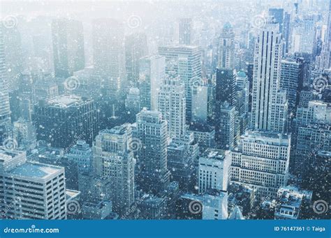 Snow In New York City Fantastic Image Skyline With Urban Sky Stock