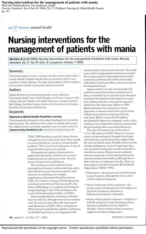 Pdf Nursing Interventions For The Management Of Patients With Mania