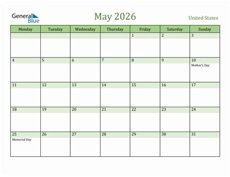 May 2026 United States Monthly Calendar With Holidays