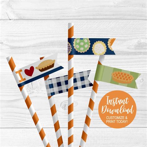 Pie Straw Flag Template Printable Straw Decorations For Diy Etsy
