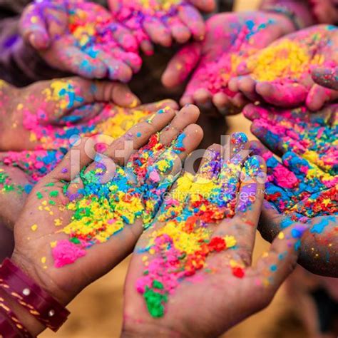 Group Of Indian Children Playing Happy Holi In Rajasthan India