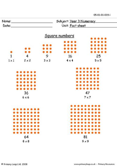 Numeracy Square Numbers Info Sheet Worksheet Uk