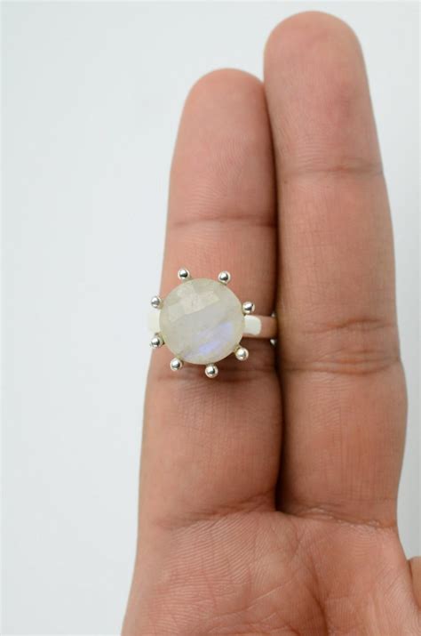 Faceted Rainbow Moonstone Engagement Ring Sz 7 Sterling Moonstone Ring