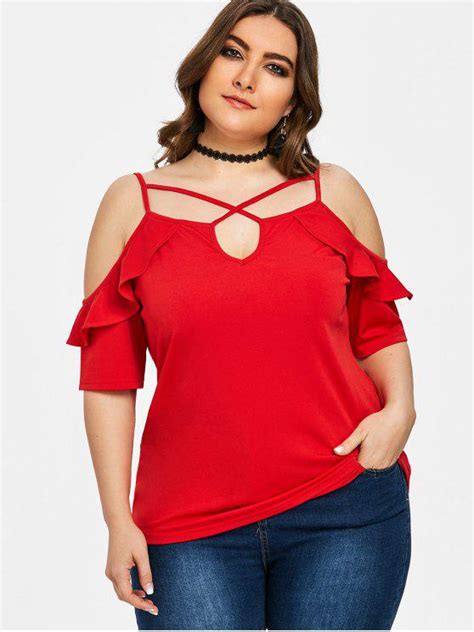 27 Off 2021 Plus Size Ruffle Cold Shoulder Blouse In Red Zaful