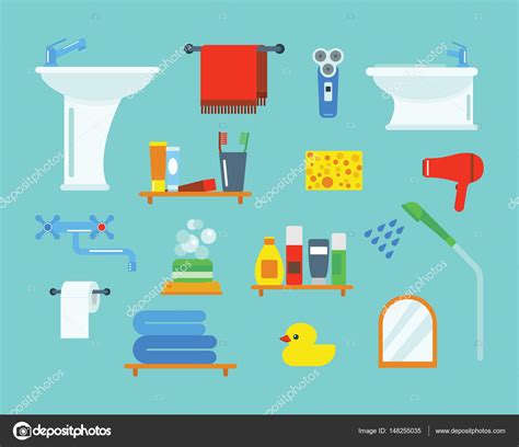 Bath Equipment Icons Shower Flat Style Colorful Clip Art Illustration