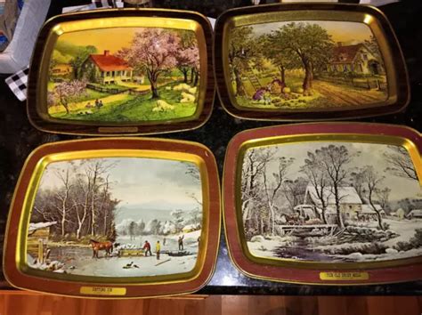 Vintage American Heritage Currier And Ives Set Of 4 Season Serving Trays