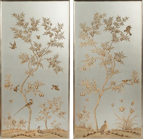 Chinoiserie Hand Painted Wallpaper Panels Framed Gold