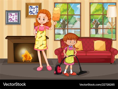 Mother And Daughter Cleaning House Royalty Free Vector Image