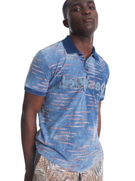 Desigual Mens Polo Shirt Blue Embroidery Beau Online Mens Clothing