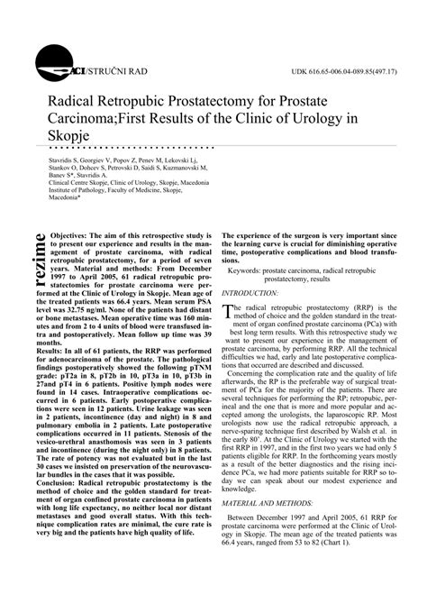 Pdf Radical Retropubic Prostatectomy For Prostate Carcinoma First Results Of The Clinic Of