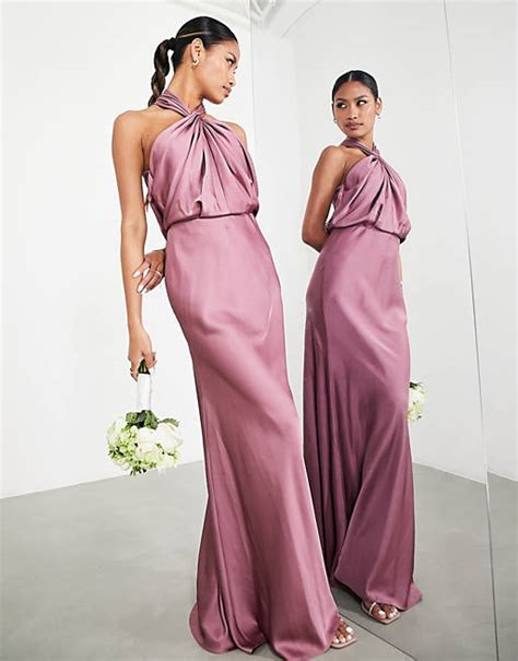 Asos Edition Satin Ruched Halter Neck Maxi Dress In Orchid Asos