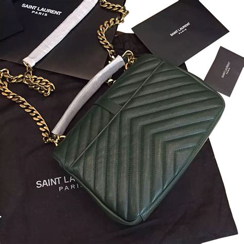 Yves Saint Laurent Ysl Green College Chain Shoulder Bag Medium Leather