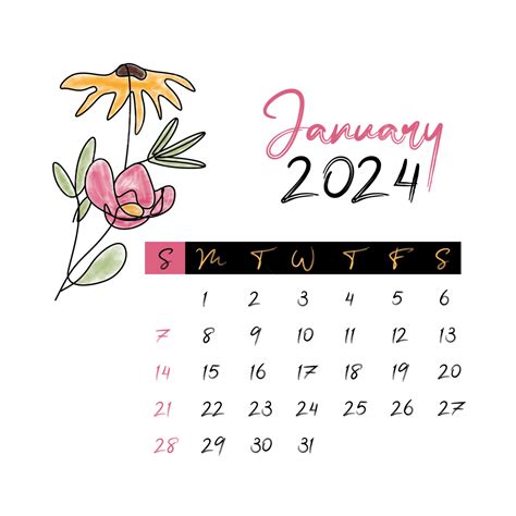 Janvier 2024 Calendrier Mensuel Floral Fond Transparent Vecteur Png