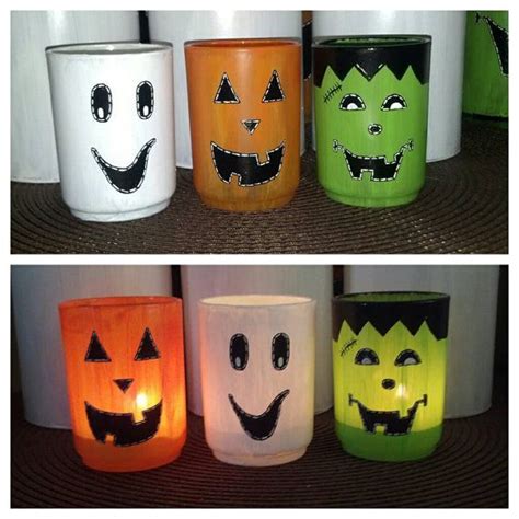 Hand Painted Halloween Votive Candle Holder Set Pumpkin Ghost