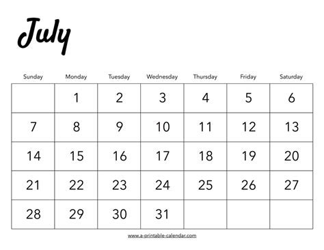 2019 July Calendar A Printable Calendar