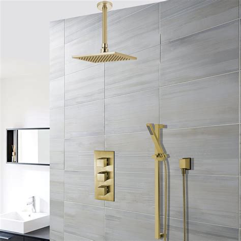 Bathroom Fixtures Bathroom Brass Brushed Gold 10 Inch Ceiling Mount Rain Mixer Combo Rainfall