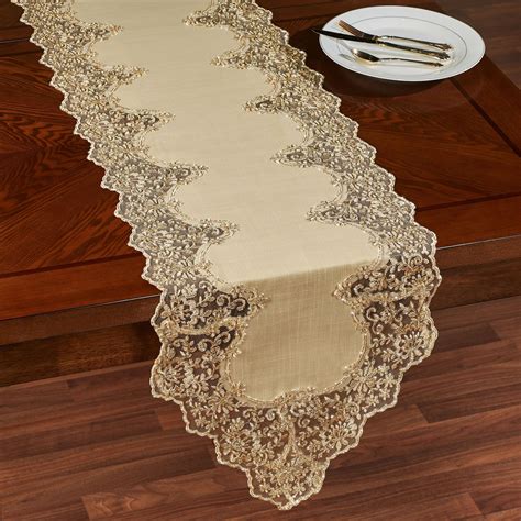 Florentina Antique Gold Lace Trim Table Runner And Accessories