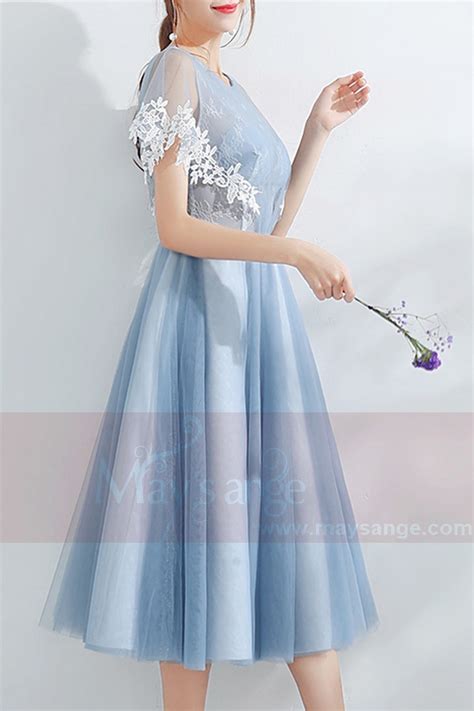 Dusty Blue Tulle Tea Length Party Dress Off Shoulder With Lace